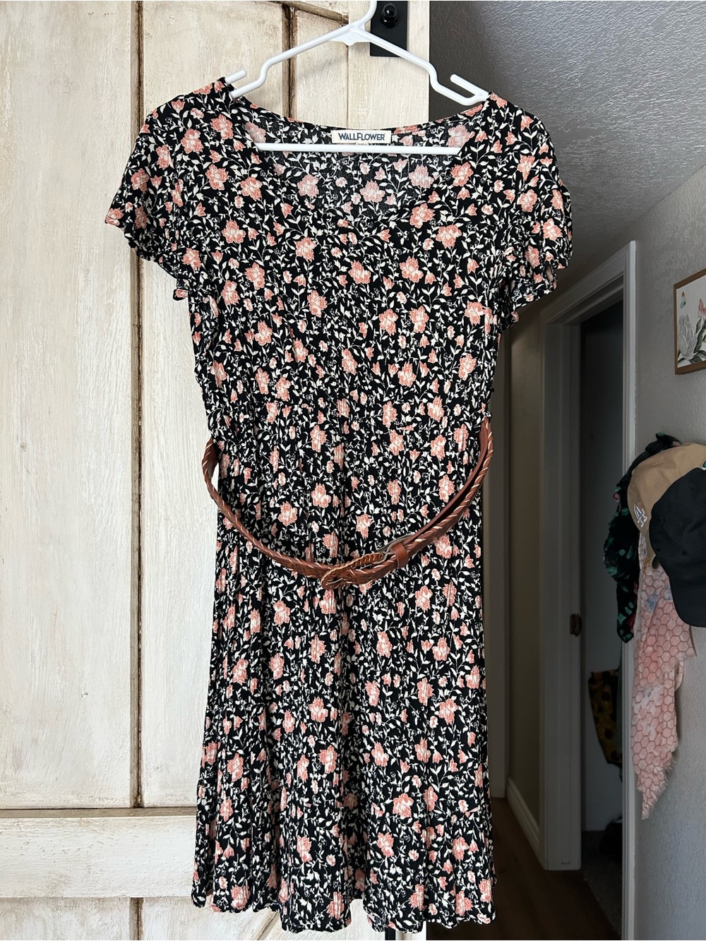 Wallflower Black Dress with Pink Floral Print and Brown Belt